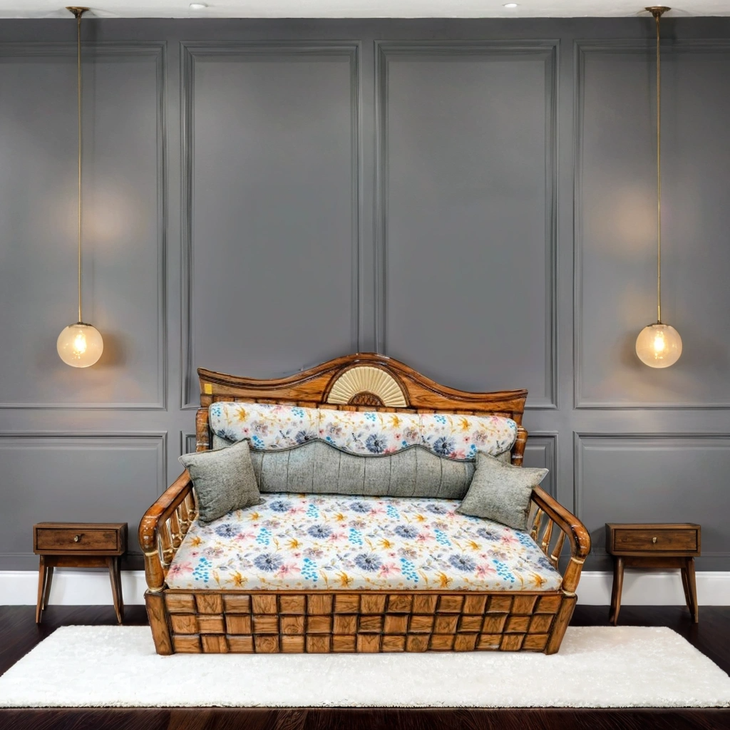 Premium Wooden Sofa Cum Bed with Floral Upholstery