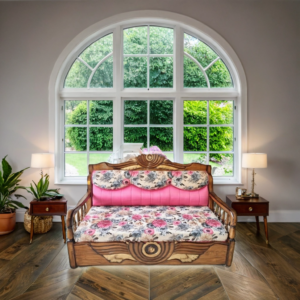 Classic Wooden Sofa Cum Bed with Floral Fabric & Pink Cushioning