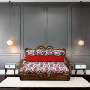 Royal Wooden Sofa Cum Bed with Floral Upholstery & Red Cushion