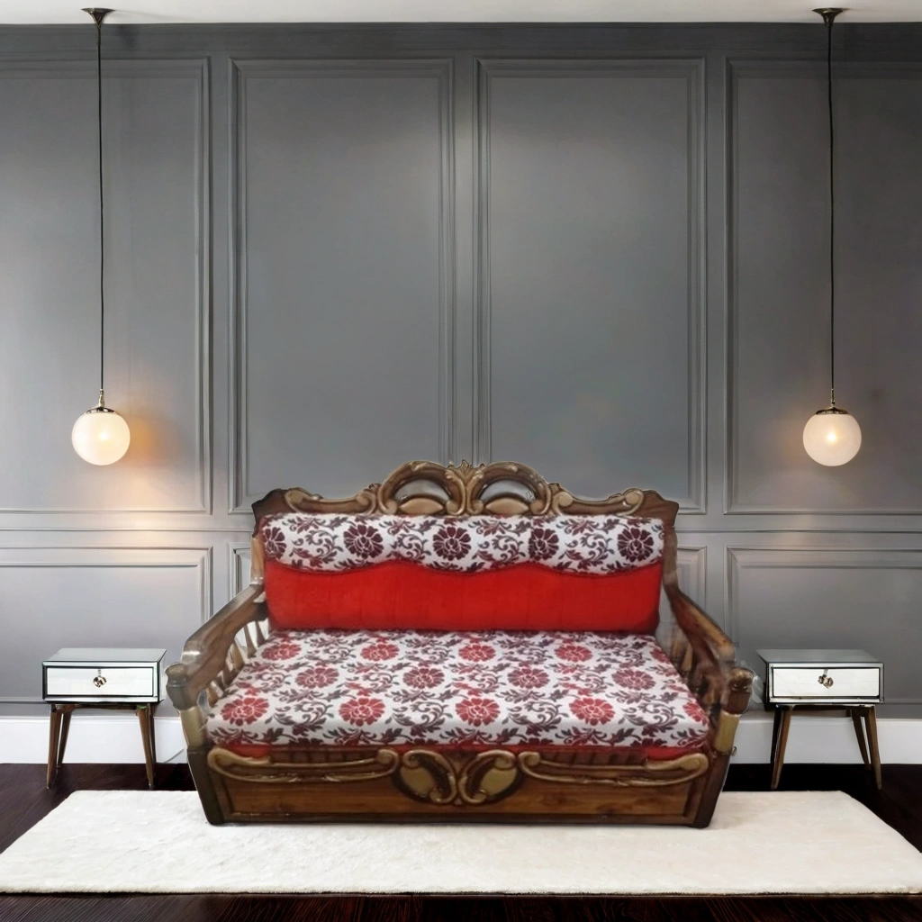 Royal Wooden Sofa Cum Bed with Floral Upholstery & Red Cushion