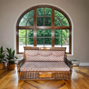 Classic Wooden Sofa Cum Bed with Geometric Upholstery