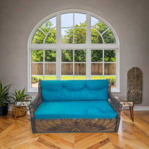 Designer Wooden Sofa Cum Bed with Plush Blue Upholstery