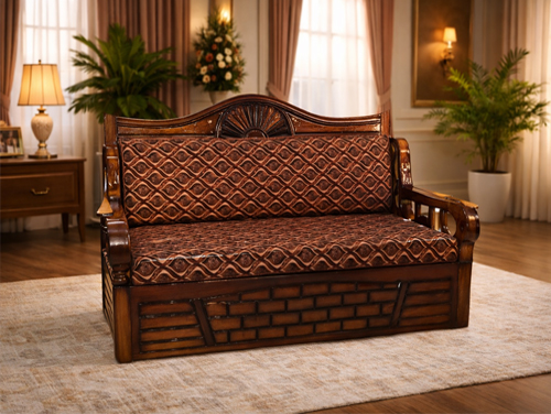 Royal Solid Wood 2-Seater Sofa with Designer Cushioned Seating – Classic Teak Finish